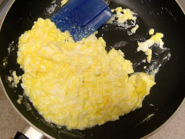 Remove from heat and continue to stir.  Make sure none of the eggs remain stuck to the skillet.