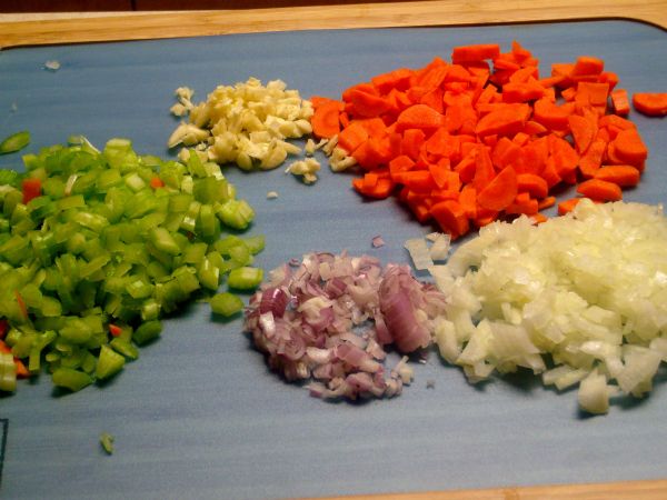 Have mirepoix prepared (with onion, celery, carrots, shallots and garlic).