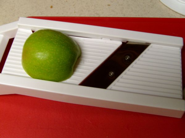 Use a mandolin to slice the apple (deseed the apple first)