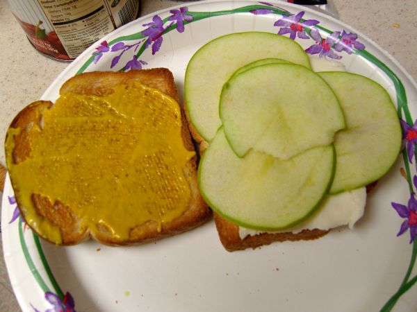 Stack Apples on cheese - you can see that the apples are already starting to oxidize (brown).