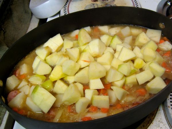 Chicken Stock added - then the apples.  I normally wait until the other ingredients have braised for