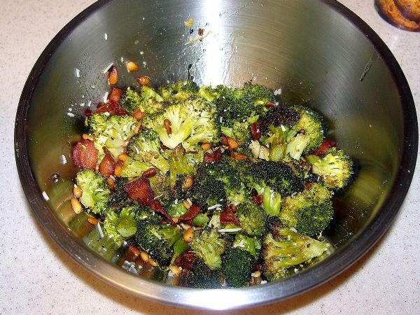 Mix cooked broccoli with bacon and pine nuts.  Add lemon zest, squeeze lemon juice.