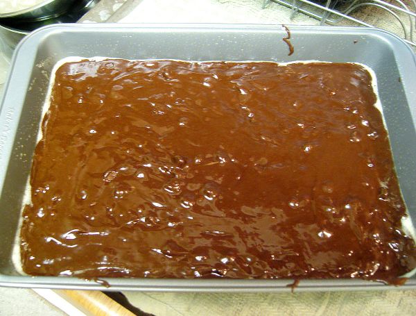 Use spatula to even the mixture. Place in 350 degree oven for 35 minutes.