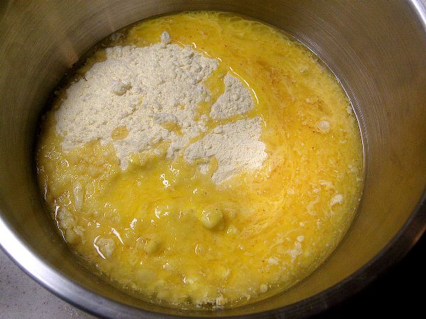 Add egg mix to the cake mix