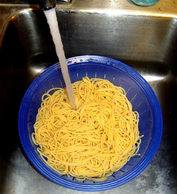 Cook spaghetti.  Drain and rinse with cold water.  Set aside.
