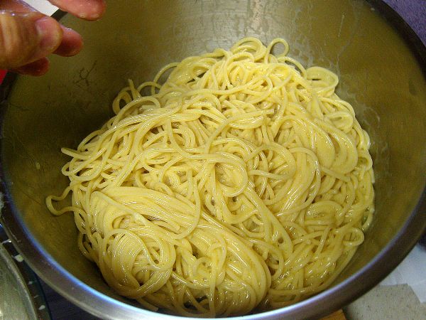 The spaghetti will soak in all of the eggs (I am thinking about using this for some Chinese recipes 