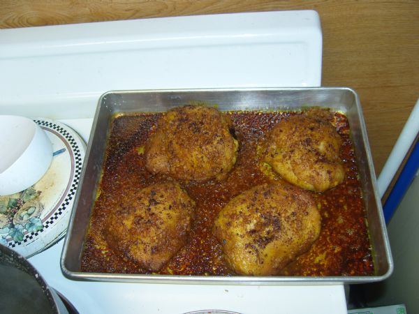 Here are the chicken thighs out of the oven.  I could probably deglaze the pan and make a sauce.