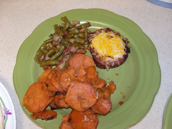 Serve - here you can see I added the extra bacon to the green beans and served with the sweet potato