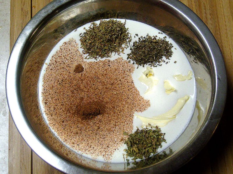 Milk, cream, butter, thyme, basil, oregano and nutmeg