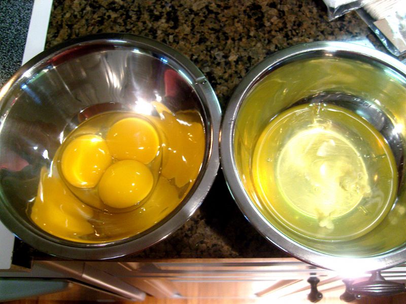 Separate the eggs (the whites could be put in a larger bowl since they mix w/ 3 cups buttermilk)