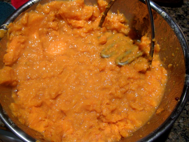 Add mix to the sweet potatoes and mash together.