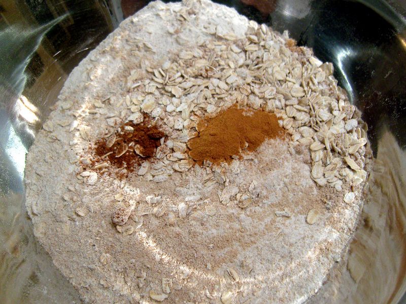 Add baking powder, baking soda, cinnamon, nutmeg and brown sugar (already mixed here).