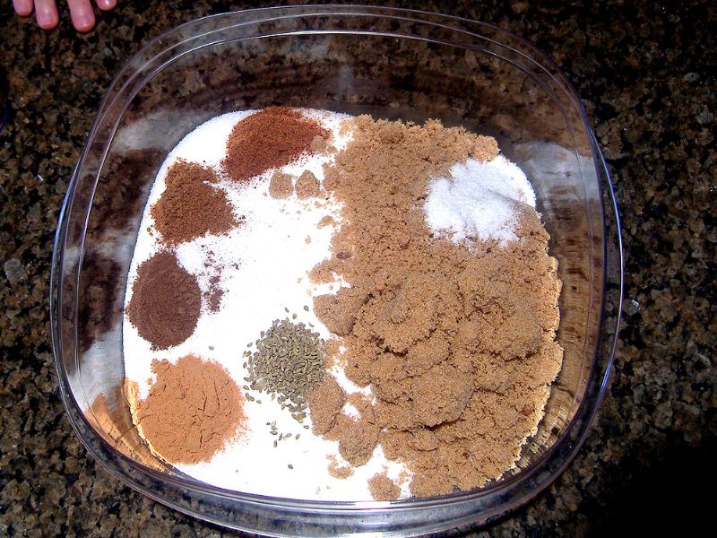Place sugars and spices in a container and mix (I cover and shake and then leave covered)