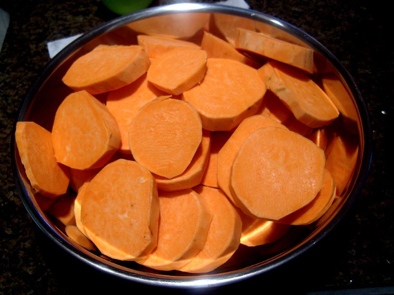 Cut sweet potatoes in thick slices