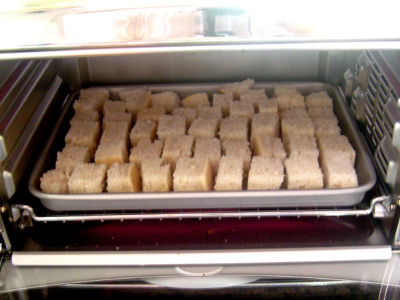 Cut bread in to cubes and bake until toasted. (cut in smaller cubes next time)