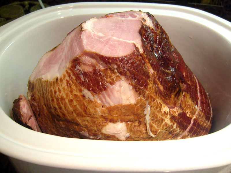 Place ham in slow cooker.  This one was a bit long, so we cut some off the top to fit.
