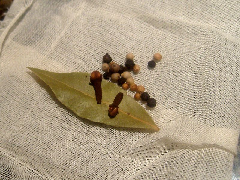 Place whole spices on cheesecloth (could also add one star anise)