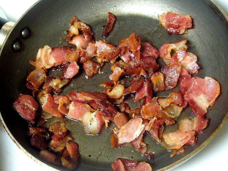 Slice the bacon and cook it then set aside and leave the fat in the pan.