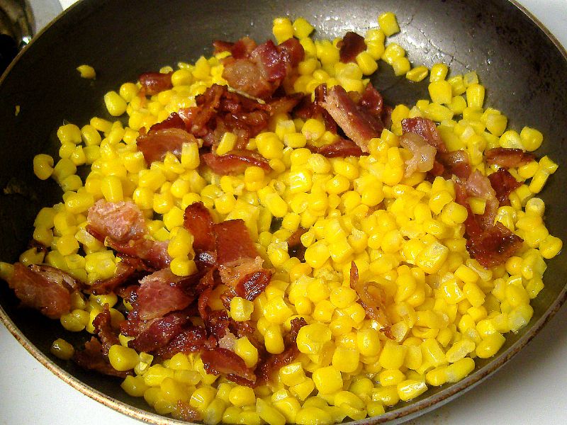Add the bacon back to the corn when the corn is just about cooked (about 8 minutes)