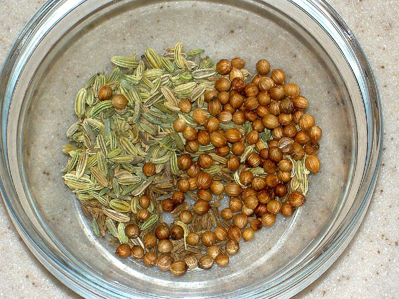 1 teaspoon each of coriander, fennel and cumin seed.