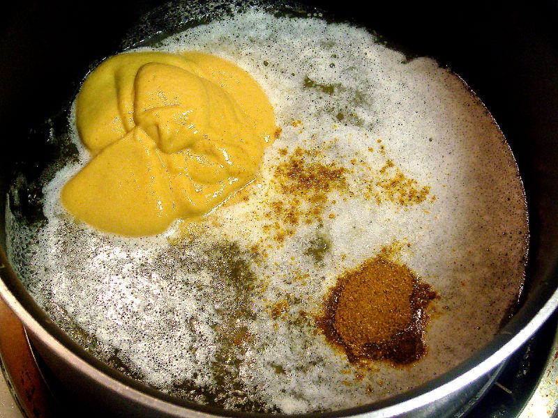 Add mustard, salt, honey and curry.