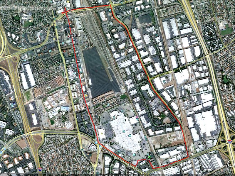 Milpitas, CA - 4.39 miles - What I like about this? Typical California - between 2 freeways.