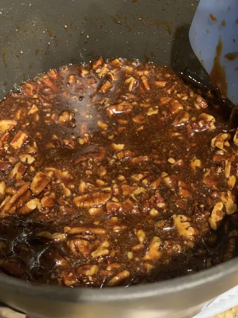 Pecan filling fully cooked (you can see the size of the rough chop here)