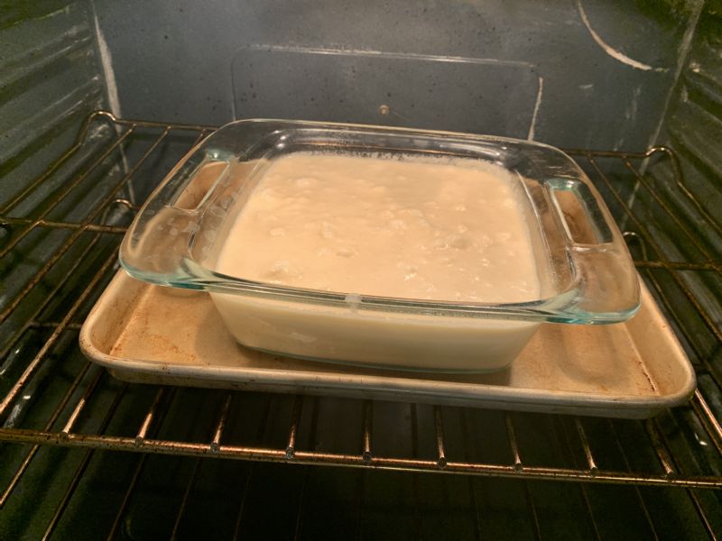 Bake for 45-50 min. I put on a baking sheet because I didn't know how much it would rise.